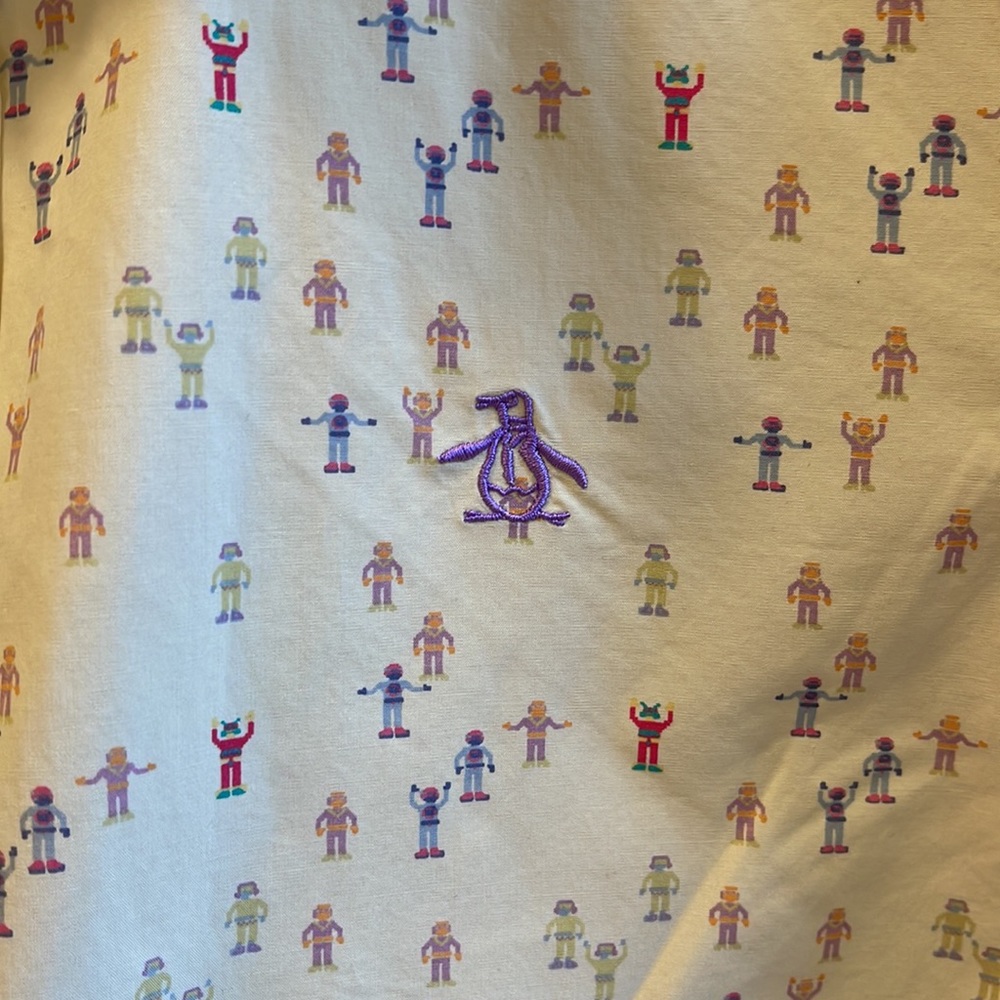 Used Early 2000s Penguin Men’s Short Sleeve S/S Button Down Robot Print sz Small